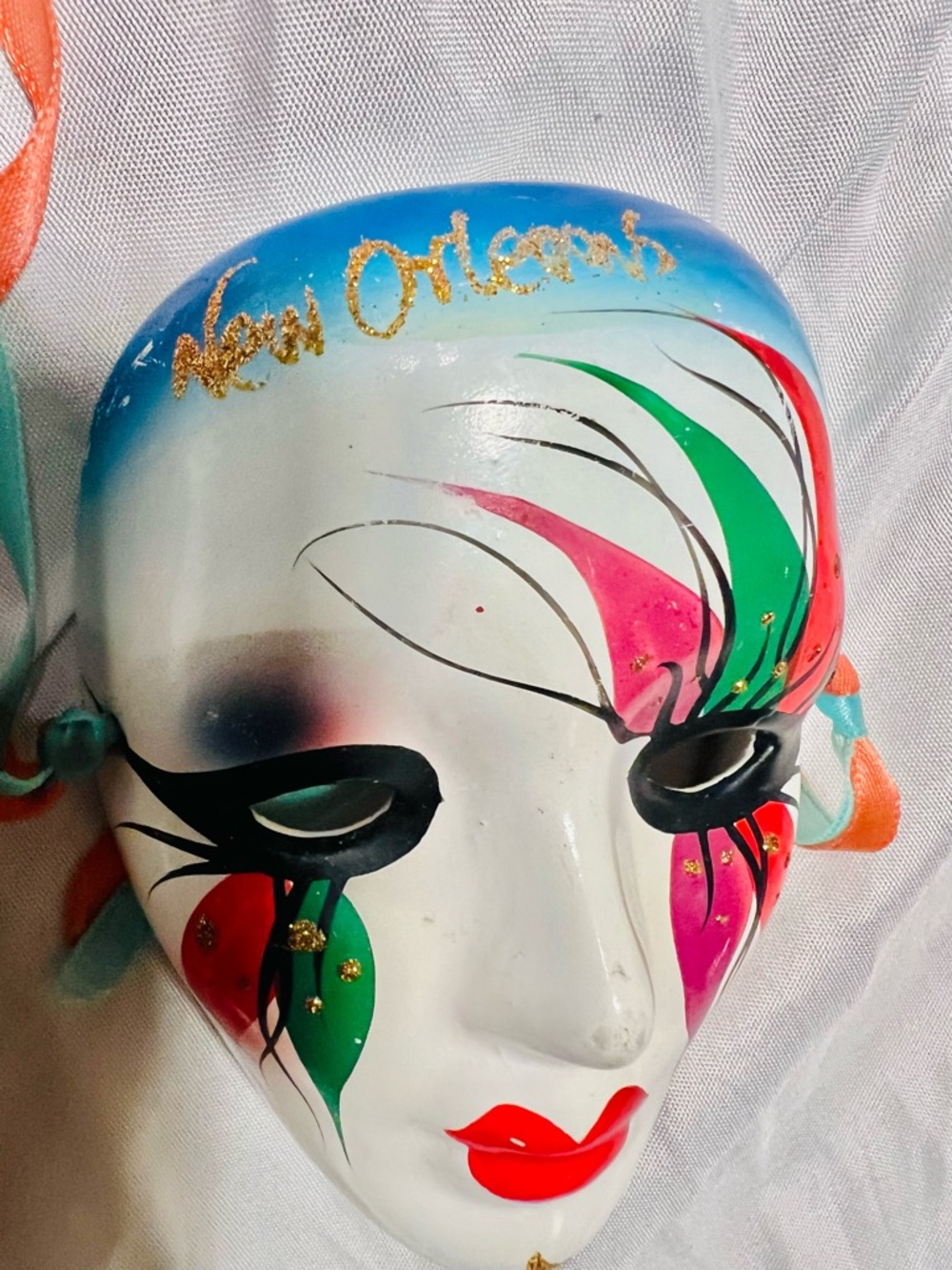 Vintage Hand Painted Ceramic New Orleans Carnival Mask in White, Blue,Pink&Green